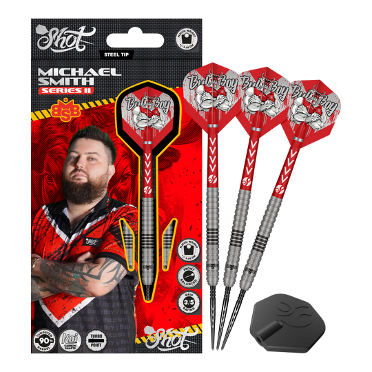 Dardos de acero Michael Smith Serie 2 Turbo Point Das Bild zeigt die Shot Michael Smith Series 2 Turbo Point Steeldarts. Es sind hochwertige Steeldarts, die für den professionellen Gebrauch geeignet sind.
