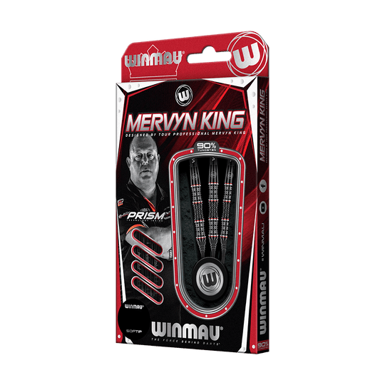 2440_Winmau_Mervyn_King_Special_Edition_Softdarts_3 Die Abbildung zeigt die "Winmau Mervyn King Special Edition Softdarts" in ihrer Verpackung. In der Packung sind drei hochwertige Softdarts mit 90% Tungsten-Anteil zu sehen.