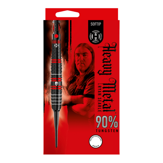 Dardos blandos de metal pesado Ryan Searle de Harrow Die Verpackung zeigt die Harrows Ryan Searle Heavy Metal Softdarts mit einem Bild von Ryan Searle. Das Design hebt 90% Tungsten und ein auffälliges rot-schwarzes Farbschema hervor.