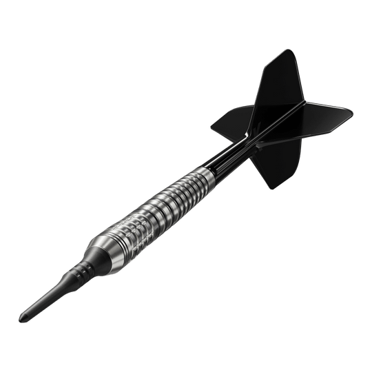 Das Bild zeigt einen Softdartpfeil mit schwarzer Spitze und schwarzen Flights. Es handelt sich um das Modell "Target Japan Black Marque Renegade 4 Softdarts - 19g".