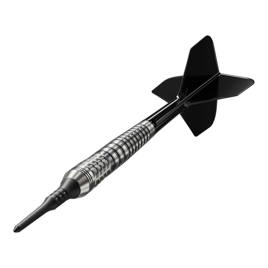 Dardos blandos Target Japan Black Marque Renegade 4 - 19 g Das Bild zeigt einen Softdartpfeil mit schwarzer Spitze und schwarzen Flights. Es handelt sich um das Modell "Target Japan Black Marque Renegade 4 Softdarts - 19g".