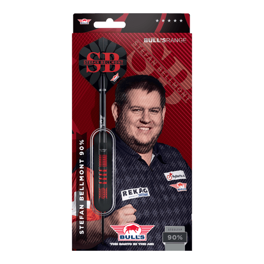 Gezeigt werden die Bulls NL Stefan Bellmont 90 Steeldarts 23g. Sie sind ideal für den Einsatz im Wettkampfsport geeignet.