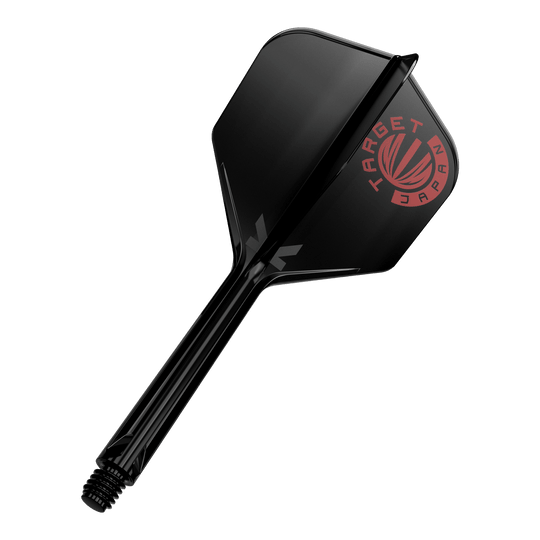 Target Japan K-Flex Logotipo original Rojo Negro No6 Sistema de eje de vuelo Das Bild zeigt einen schwarzen Dartshaft mit einer schwarzen Dartflügelfeder. Auf der Feder ist ein rotes Logo mit der Aufschrift "TARGET JAPAN" zu sehen.