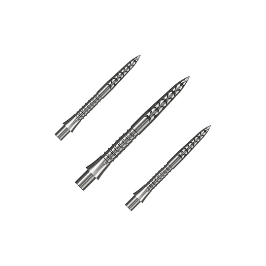 Hier ist ein Set silberner Steeldartspitzen mit 26 mm Länge zu sehen. Die Aufnahme basiert auf der Datei M002127_Missoin_Caliburn_EVO_GV-Logo_Steeldartspitzen_Silber_26mm_1Set.