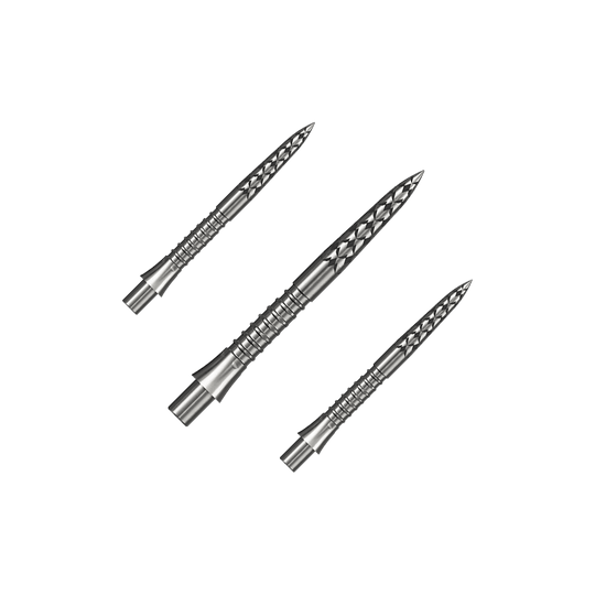 Puntas de dardos Mission Caliburn EVO con logotipo GV - plateadas Hier ist ein Set silberner Steeldartspitzen mit 26 mm Länge zu sehen. Die Aufnahme basiert auf der Datei M002127_Missoin_Caliburn_EVO_GV-Logo_Steeldartspitzen_Silber_26mm_1Set.