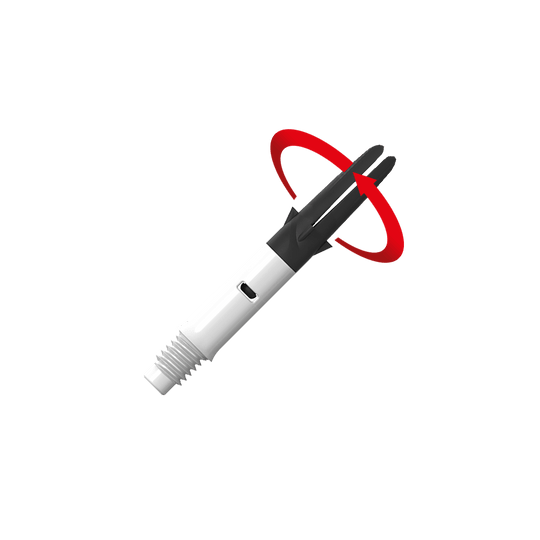 Flecha recta silenciosa de carbono estilo L - Blanca Das Bild zeigt einen weißen und schwarzen Dart-Schaft mit einem Gewinde am unteren Ende. Ein roter Pfeil deutet auf eine Drehbewegung des oberen Teils hin.