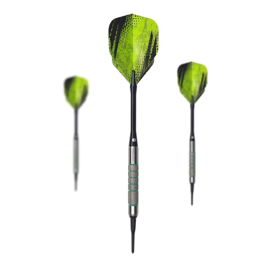 Dardos blandos McDart 85 Tungsten V7 - 16,5 g Das Bild zeigt drei McDart 85er Tungsten V7 Softdarts mit einem Gewicht von 16,5g. Die Darts haben grün-schwarze Flights und silberne Griffe.