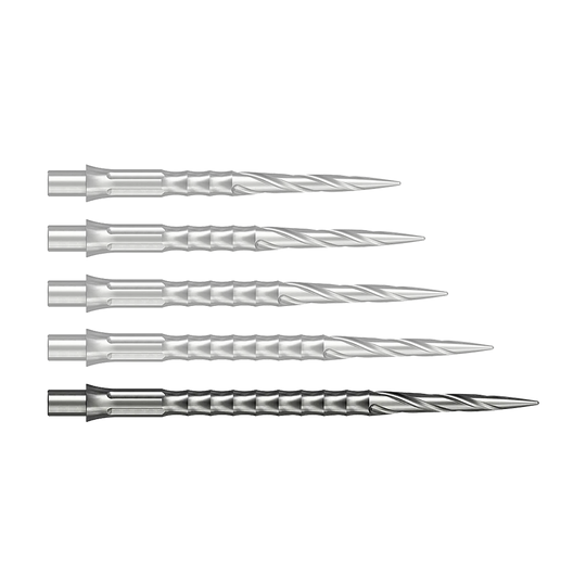 Die Abbildung stellt eine einzelne silberne Steeldartspitze aus dem Caliburn Evo System dar. Diese Spitze hat das Spiro NoLip Design und eine Länge von 40 mm.