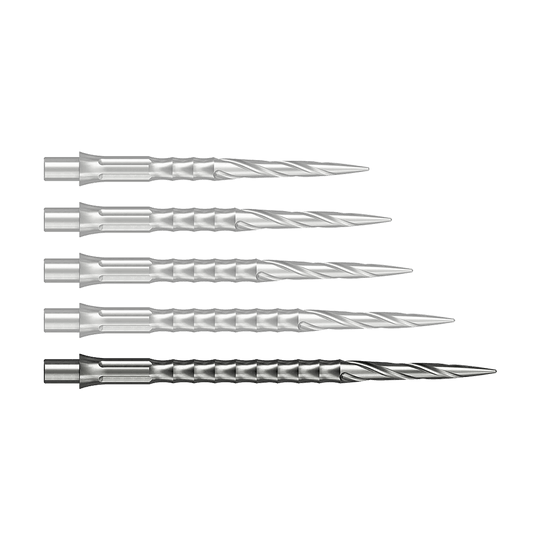 Puntas de dardos de acero Caliburn System - Spiro - NoLip - plateadas Die Abbildung stellt eine einzelne silberne Steeldartspitze aus dem Caliburn Evo System dar. Diese Spitze hat das Spiro NoLip Design und eine Länge von 40 mm.