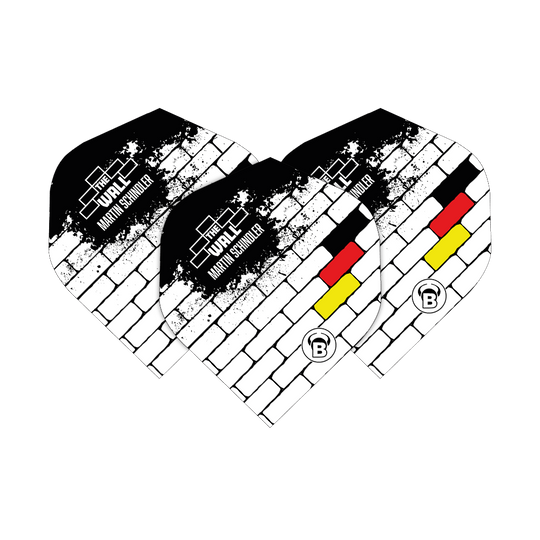 Das Bild zeigt drei Dart Flights des Modells "Bulls B-Star Martin Schindler White No2 Standard". Die Flights sind weiß mit einem schwarzen Ziegelmuster und zeigen die deutschen Farben sowie den Schriftzug "THE WALL Martin Schindler".