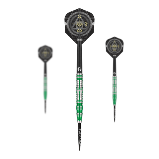 Abgebildet ist ein Set Shot Alchemy Mythril Steeldarts. Dies sind hochwertige Steeldarts für den professionellen Einsatz.