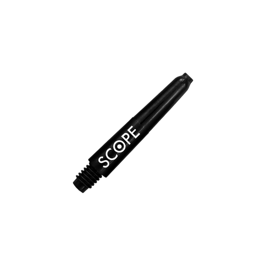 520_McDart_Scope_Nylon_Shafts_Schwarz_28mm_2 Das Bild zeigt einen schwarzen Nylon Dart-Schaft mit der Aufschrift „SCOPE“. Es handelt sich um das Produkt „McDart Scope Nylon Shafts“.