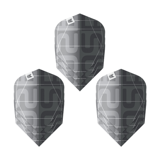 Plumas Target Pro Ultra Aspinall X Echo No6 - 3 juegos Das Bild zeigt drei Sätze der Target Pro Ultra Aspinall X Echo No6 Flights. Die Flights sind in einem modernen Schwarz-Grau-Design mit geometrischem Muster gehalten.