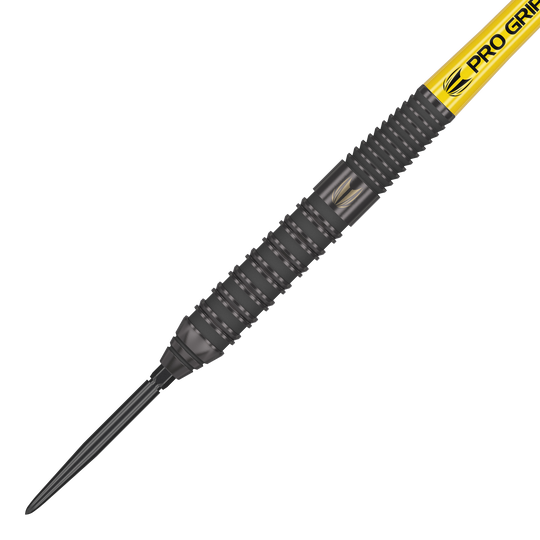 Dardos de acero Target Bolide Void 02 Swiss Point Das Bild zeigt den Target Bolide Void 02 Swiss Point Steeldart. Der Dart hat ein schwarzes Griffstück mit feinen Rillen und einer gelben „Pro Grip“-Beschriftung am Schaft.