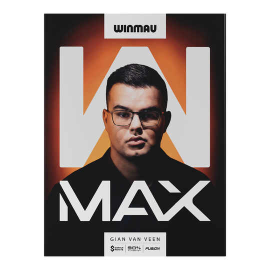Dardos blandos Winmau Gian Van Veen W-MAX - 18g Das Bild zeigt Winmau Gian Van Veen W-MAX Softdarts mit einem Gewicht von 18 Gramm. Die Darts sind nebeneinander angeordnet.