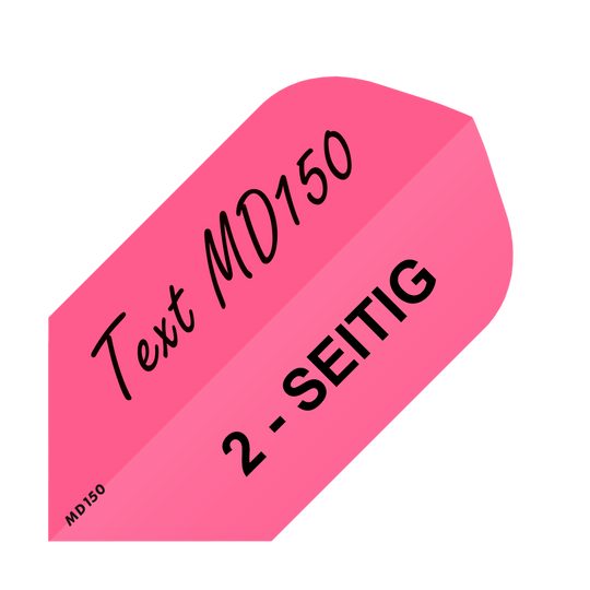 MD-252_2-Seitig_Bedruckte_Flights_Wunschtext_MD150_Pink_Slim_1 Das Bild zeigt einen pinken Dartflight mit schwarzer Aufschrift „Text MD150“ und „2-SEITIG“. Es handelt sich um ein bedrucktes Produkt für individuelle Wunschtexte.