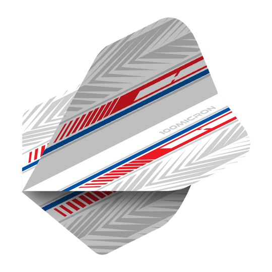Vuelos de pentatlón blanco/rojo/azul Das Bild zeigt ein Pentathlon White Red Blue No2 Standard Flight für Darts. Das Design ist überwiegend grau mit roten und blauen Akzenten sowie einem geometrischen Muster.