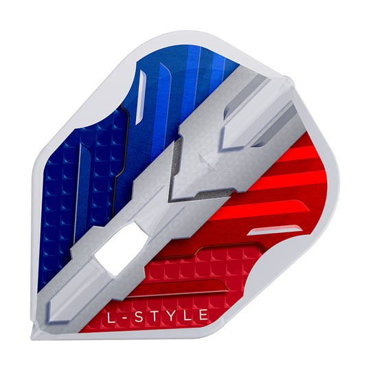 Vuelos L-Style V-Series V1 Tipo B Francia Blanco transparente L3PRO Das Bild zeigt das Produkt "L-Style V-Series V1 Type B France Clear White L3PRO Flights". Die Dart-Flight ist in den Farben Blau, Weiß und Rot gestaltet und trägt die Aufschrift "L-STYLE".