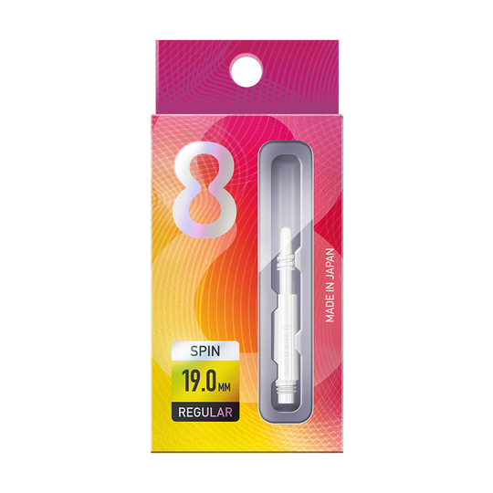 Die Abbildung zeigt eine Packung "8 Flight Regular Spin White Shafts". Die Verpackung ist bunt gestaltet und enthält einen weißen Schaft mit der Länge von 19,0 mm.