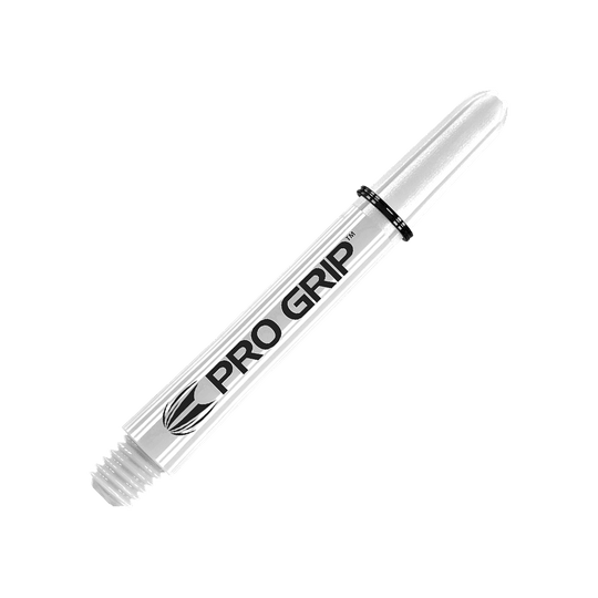 Varillas Target Pro Grip - 3 juegos - Color blanco Das Bild zeigt einen weißen Pro Grip Schaft für Dartpfeile. Auf dem Schaft steht gut sichtbar der Schriftzug "PRO GRIP".