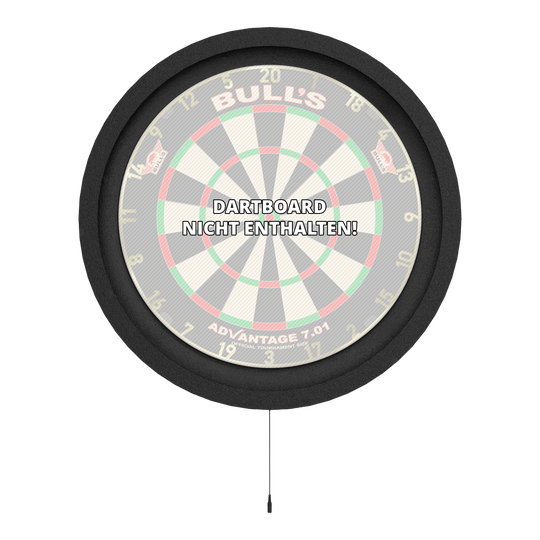Das Bild zeigt das Bulls NL Lumo 2 Light Surround Beleuchtungssystem, das einen Dartboard-Rahmen mit integrierter Beleuchtung darstellt. In der Mitte steht geschrieben "Dartboard nicht enthalten".