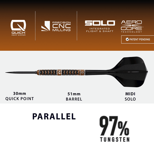 Dardos de acero de punta rápida Harrows Tungsten Trinity Gezeigt werden die Harrows Wolfram Trinity Quick Point Steeldarts. Diese Darts zeichnen sich durch ihre hohe Präzision und Verarbeitung aus.