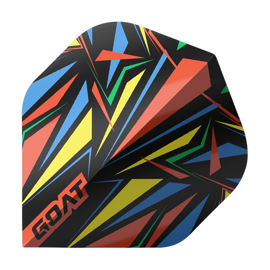 Vuelos estándar GOAT Athlete Red No2 Das Bild zeigt ein Dart-Flight mit einem bunten, geometrischen Muster in Rot, Gelb, Blau und Grün. In der Ecke steht das Wort „GOAT“ in roten Buchstaben.