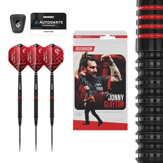 Dardos de acero Red Dragon Jonny Clayton RD-ADV Switch Point Abgebildet ist ein Set Red Dragon Jonny Clayton RD-ADV Switch Point Steeldarts. Die Darts sind deutlich zu erkennen und die Beschriftung ist lesbar.