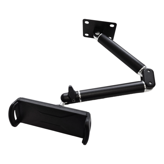 Soporte de pared para tableta McDart TABFlex con brazo flexible Die Abbildung zeigt die McDart TABFlex Tablet-Wandhalterung mit flexiblem Arm. Die Halterung ist schwarz und kann an der Wand befestigt werden, um ein Tablet flexibel auszurichten.