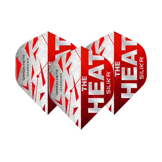Plumas Silika Damon Heta Serie 3 de Harrow Das Bild zeigt drei Dart-Flights der Serie "Harrows Silika Damon Heta Series 3". Die Flights sind in Rot, Weiß und Silber gestaltet und tragen die Aufschrift "THE HEAT" sowie "SILIKA".