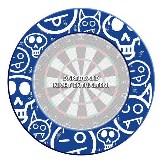 Das Bild zeigt das Dartboard-Surround mit blauen Graffiti-Smilies aus einer anderen Perspektive. Die Bilddatei ist 'MSF-A3_McDart_Graffiti_Smilies_Dartboard_Surround_Blau_3'.
