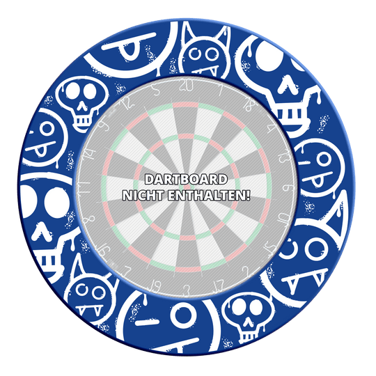 McDart Graffiti Emojis Diana envolvente Das Bild zeigt das Dartboard-Surround mit blauen Graffiti-Smilies aus einer anderen Perspektive. Die Bilddatei ist 'MSF-A3_McDart_Graffiti_Smilies_Dartboard_Surround_Blau_3'.