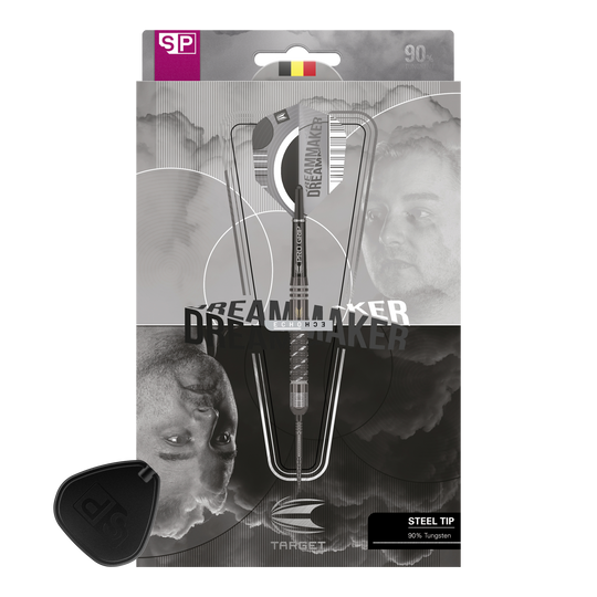 Dardos de acero Target Dimitri Van Den Bergh X Echo Swiss Point Das Bild zeigt die Verpackung der "Target Dimitri Van Den Bergh X Echo Swiss Point Steeldarts". Auf der Verpackung sind das Dart-Set sowie Porträts von Dimitri Van Den Bergh abgebildet.
