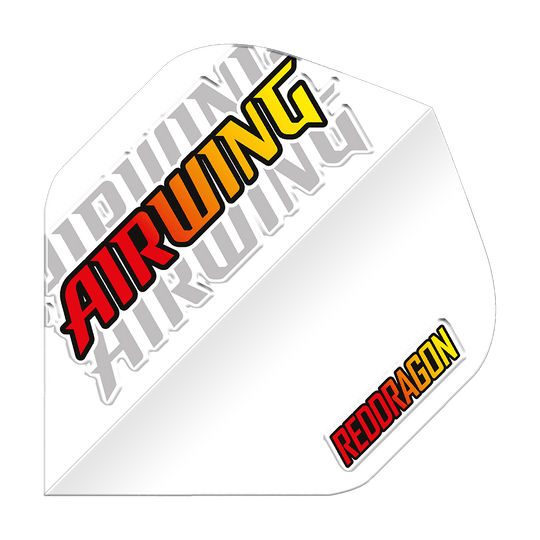 Vuelos estándar del Red Dragon Airwing Red Logo Dieses Bild zeigt ein weißes Dartflügel-Produkt mit der Aufschrift „AIRWING“ in Rot, Orange und Gelb. In der unteren rechten Ecke steht das Logo „REDDRAGON“ ebenfalls in Rot und Gelb.