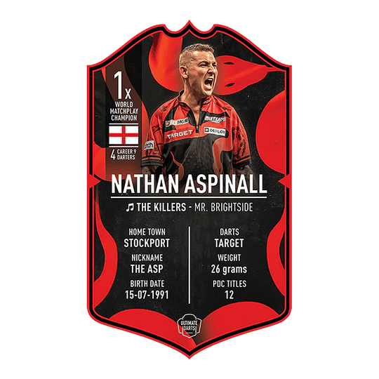 Abgebildet ist die Ultimate Darts Card von Nathan Aspinall. Die Karte zeigt ein Produkt für Darts-Fans.