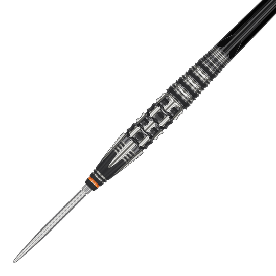 Dardos de acero Target Japan Black Marque Dancing Duck GEN 4 Das Bild zeigt einen Target Japan Black Marque Dancing Duck GEN 4 Steeldart. Der Dart hat ein auffälliges, schwarz-silbernes Design mit markanten Rillen für besseren Halt.