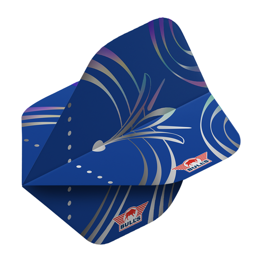 Bulls NL Serie 100 Silvian No2 Vuelos Estándar Das Bild zeigt einen blauen Dartflug mit silbernen Linien und Mustern. In der Ecke ist das rote Bulls NL-Logo zu sehen.