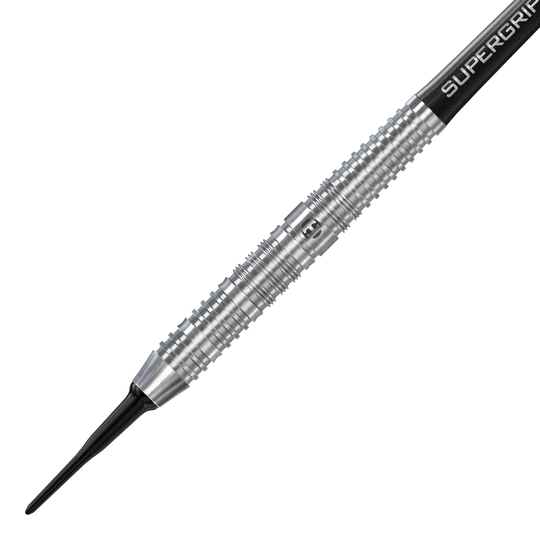 Dardos blandos paralelos Harrows NX90 Das Bild zeigt einen Harrows NX90 Parallel Softdart mit silbernem, geriffelten Barrel. Die Spitze ist schwarz und der Schaft trägt die Aufschrift "SUPERGRIP".