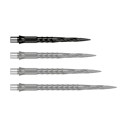 Puntas de dardos de acero Caliburn System - Spiro - Sin pestaña - Negras Das Foto zeigt Caliburn Evo System Steeldartspitzen Spiro NoLip Black in 28 mm Länge. Diese Dartspitzen sind in Schwarz gehalten und besonders langlebig.