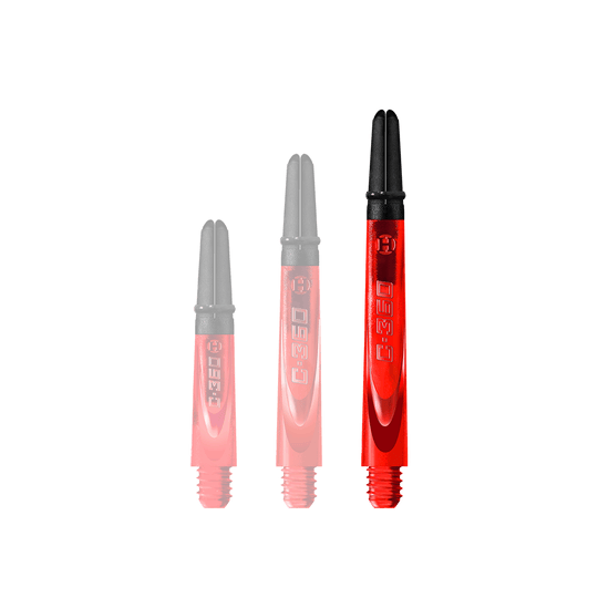 HR457_Harrows_Carbon_360_Shafts_Rot_49mm_1 Auf dem Bild sind drei rote Dartschäfte in unterschiedlichen Längen zu sehen. Sie haben schwarze Enden und die Aufschrift "C-360" auf der Seite.