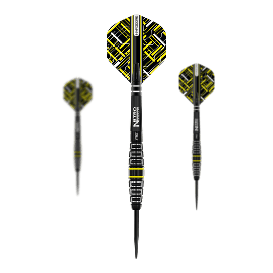Dardos de acero torpedo Red Dragon Astraeus Q4X Das Bild zeigt drei Steeldarts des Modells "Red Dragon Astraeus Q4X Torpedo". Die Darts sind schwarz mit gelben Akzenten und haben auffällig gemusterte Flights.
