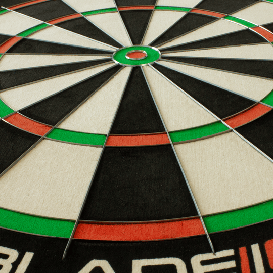 3031_Winmau_Blade_6_DualCore_Steeldartboard_4 Das Bild zeigt das Winmau Blade 6 DualCore Steeldartboard aus der Nähe. Die bunten Segmente und der Metall-Draht sind deutlich zu erkennen.