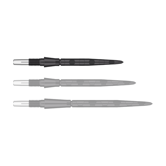 Puntas de dardos Target Swiss Storm Onyx Point - Negras Das Bild zeigt drei schwarze Dartspitzen in einer Reihe. Sie haben ein metallisches Gewinde am einen Ende und sind schlank sowie geriffelt gestaltet.