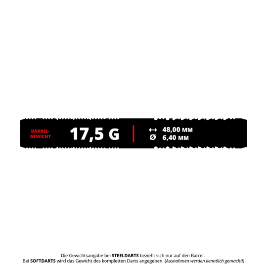 Dardos blandos Target Japan Black Marque Reyn GEN2 - 17,5 g Das Bild zeigt die Produktspezifikationen der Target Japan Black Marque Reyn GEN2 Softdarts mit einem Gewicht von 17,5 Gramm. Die Barrel-Länge beträgt 48,00 mm und der Durchmesser 6,40 mm.