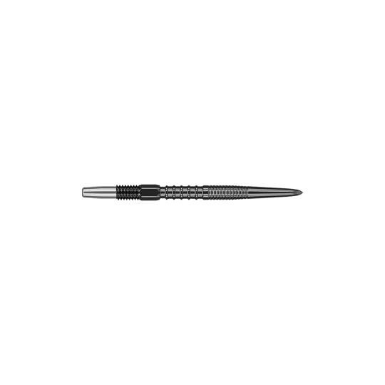 Puntas de dardos Target Swiss Firepoint Black Das Bild zeigt eine schwarze Dartspitze mit geriffeltem Griff. Sie ist schlank und weist eine Länge von etwa 26 mm auf.