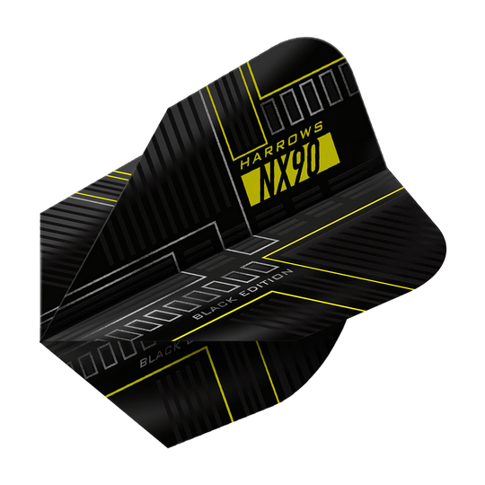 Vuelos Harrows NX90 Black Edition No6 Das Bild zeigt das Produkt "Harrows NX90 Black-Edition No6 Flights". Das Flight ist überwiegend schwarz mit gelben und grauen Akzenten und moderner Grafik.