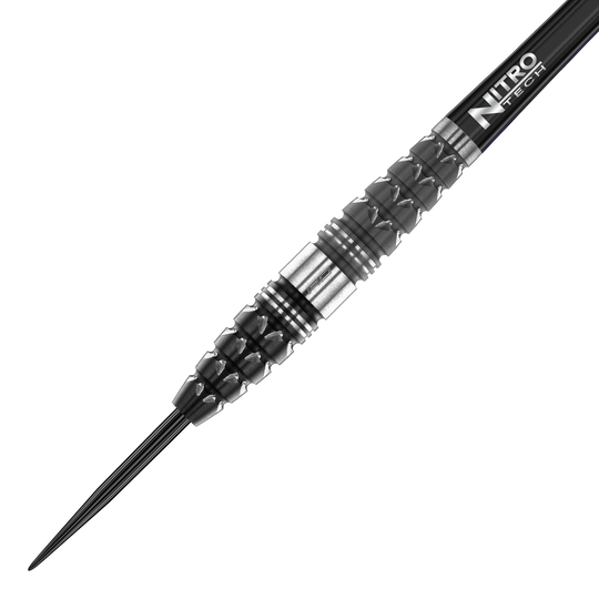 Dardos de acero Red Dragon Paradym Torpedo Das Bild zeigt einen Red Dragon Paradym Torpedo Steeldart. Der Dart hat ein schwarzes und silbernes, strukturiertes Barrel und eine Spitze aus Metall.