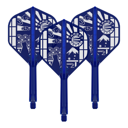 Das Bild zeigt ein Set vom Target Japan K-Flex Blue Limited No2 Flights 26mm. Es handelt sich um blaue Dartflights in einem Set.