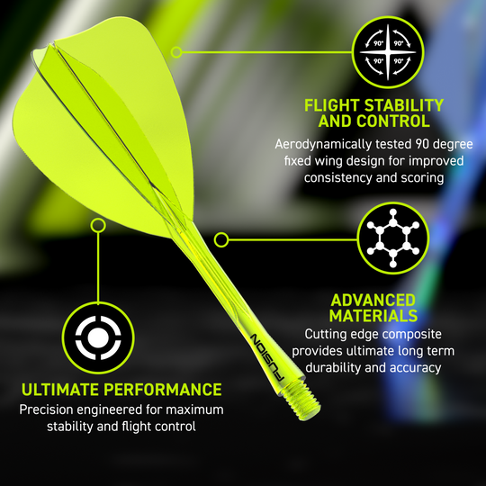 Sistema de eje de vuelo Winmau Fusion Arrow amarillo neón Das Bild zeigt das Winmau Fusion Flight-Shaft-System Arrow Neon Yellow. Es handelt sich um einen neon-gelben Flight-Shaft für Darts.