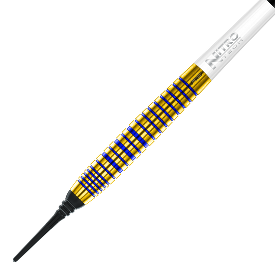 Dardos blandos Red Dragon Luke Humphries TX3 Gold SE - 20 g Das Bild zeigt einen Softdart aus der Serie „Red Dragon Luke Humphries TX3 Gold SE“ mit einem Gewicht von 20 Gramm. Der Dart hat einen goldenen Schaft mit blauen Rillen und einer weißen „Nitro Tech“-Schraube.